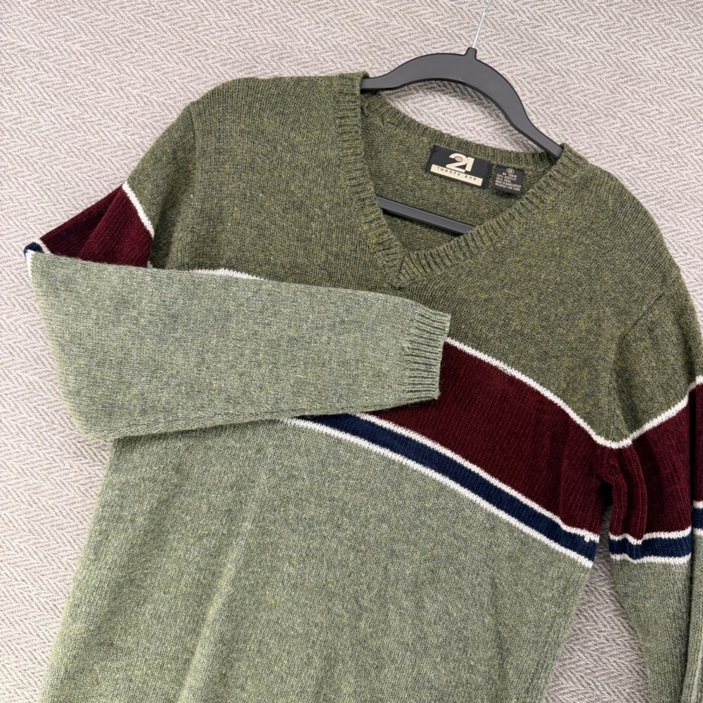 Rue 21 V-Neck Sweater Medium Olive Green Wool Blend Striped Knit Pullover